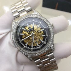 RoyalCrown萝亚克朗2020新款大气皮带不锈钢镂空自动机械表男表 白金色钢带