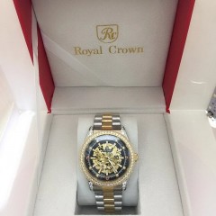 RoyalCrown萝亚克朗2020新款大气皮带不锈钢镂空自动机械表男表 间金色皮带