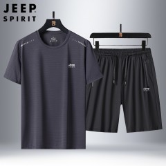 JEEP吉普夏季男士速干短袖T恤套装弹力透气短裤运动装两件套 JPCS9815HX 白色/黑色/军绿/深灰/蓝色 L-6XL  下单请备注颜色尺码