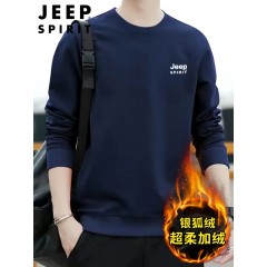 JEEP吉普新款男士套头卫衣圆领宽松透气大码男装休闲卫衣打底衫 JPCS010B（加绒） 黑色/藏青/卡其/深灰 L-5XL 下单请备注颜色尺码
