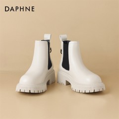 Daphne/达芙妮女真皮厚底马丁靴女春秋新款弹力短靴子4023404010 黑色115/米色230 尺码35-40 下单请备注颜色尺码