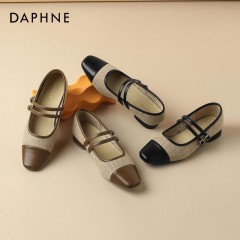 Daphne/达芙妮爆款推荐真皮玛丽珍鞋女新款拼色浅口平底单鞋4023404006 黑色115/棕色105 尺码35-40 下单请备注颜色尺码