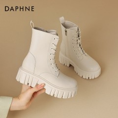 Daphne/达芙妮高跟马丁靴秋新款系带英伦风百搭厚底瘦瘦靴4023404024 黑色115/米色230   尺码35-40 下单请备注颜色尺码