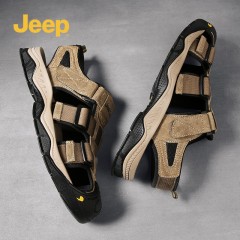 JEEP吉普洞洞沙滩鞋休闲夏季开车真皮拖鞋外穿运动包头凉鞋男 J121591570 卡其/黑色 尺码39-44 下单请备注颜色尺码