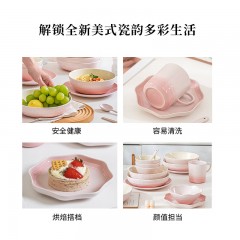 西屋 美式陶瓷碗碟套装 家用餐盘组合 饭碗 炻彩餐具18件套 落樱粉 WCQS07
