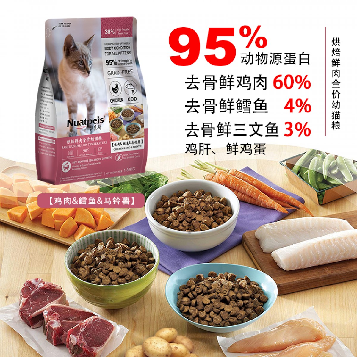 纽贝斯烘焙幼猫粮 -鸡肉鳕鱼马铃薯1360g/袋 6971563330955