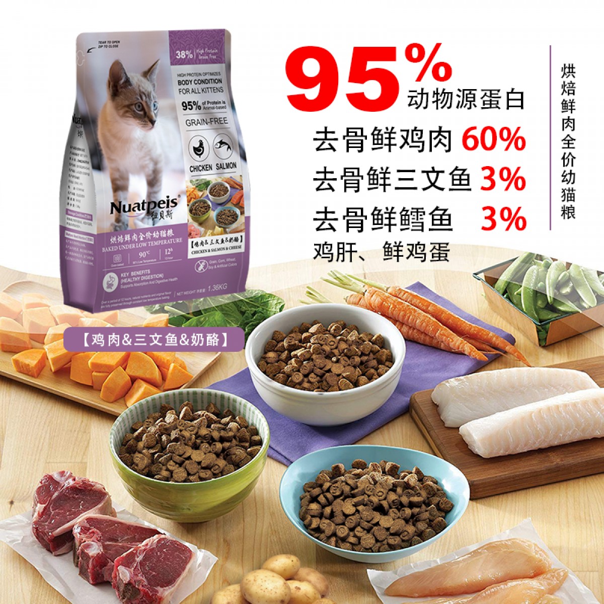 纽贝斯烘焙幼猫粮 -鸡肉三文鱼奶酪1360g/袋 6971563330962