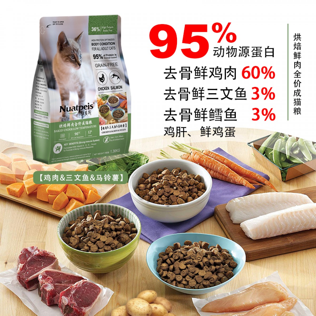 纽贝斯烘焙成猫粮 -鸡肉三文鱼马铃薯1360g/袋 6971563330948