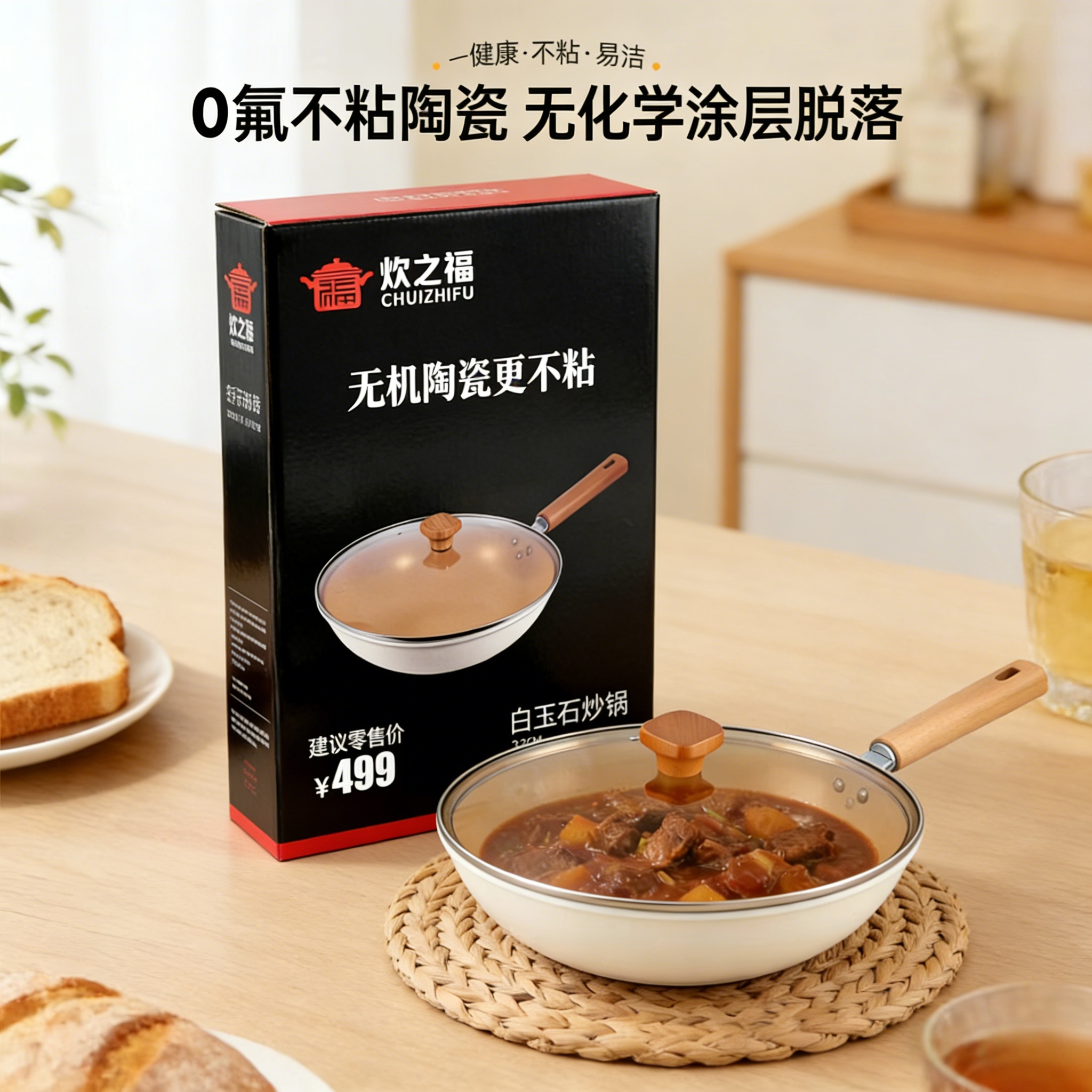 J-【热评200+】炊之福白玉石不粘锅32cm 加深陶瓷不粘炒锅煎锅 杏仁白家用平底炒菜锅CZF-BY03  燃气灶电磁炉通用 精美礼盒装乔迁新居伴手礼  企业团购员工福利春节年货【6套/箱】