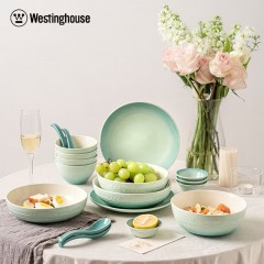 西屋 美式陶瓷碗碟套装 WCQS08 家用餐盘组合饭碗炻瓷碗餐具乔迁送礼盒 饭碗 炻彩餐具18件套翡翠绿